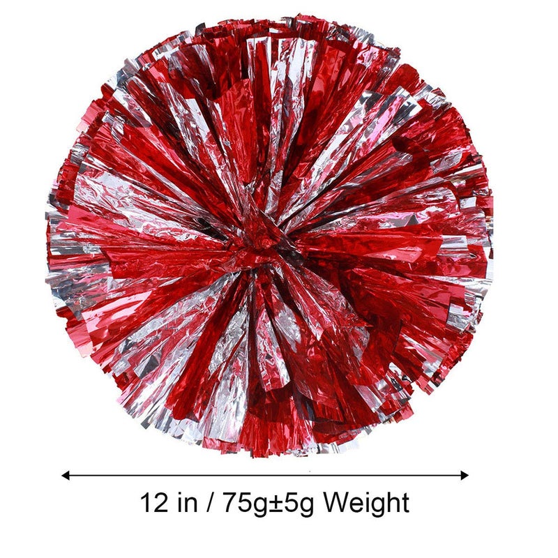 Ueerdand Pack of 4 Cheerleading Pom Poms Foil Plastic Metallic Cheerleader Pom Poms for Cheer Sport Kids Adults Team Spirit Cheering (Red/Silver) - Image 2